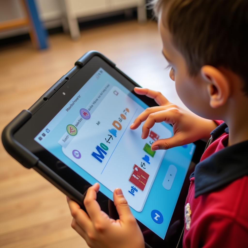 Primary school student practicing basic coding on tablet device