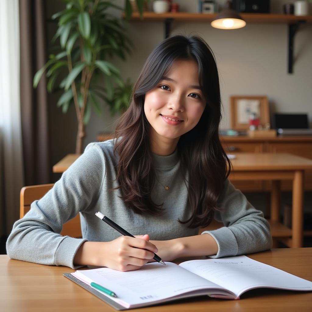 Student preparing for IELTS speaking test describing competition experience