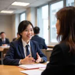 A student confidently explaining their favorite subject during IELTS Speaking test
