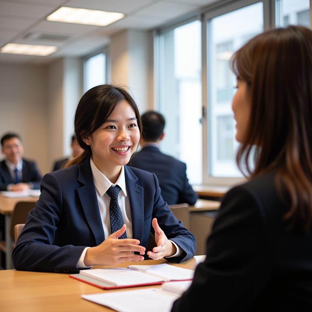 A student confidently explaining their favorite subject during IELTS Speaking test