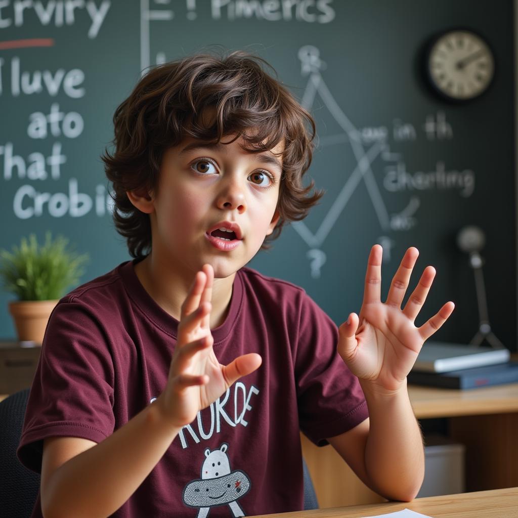Student enthusiastically explaining physics concepts during IELTS speaking test