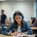 Student maintaining concentration while studying with various distractions around