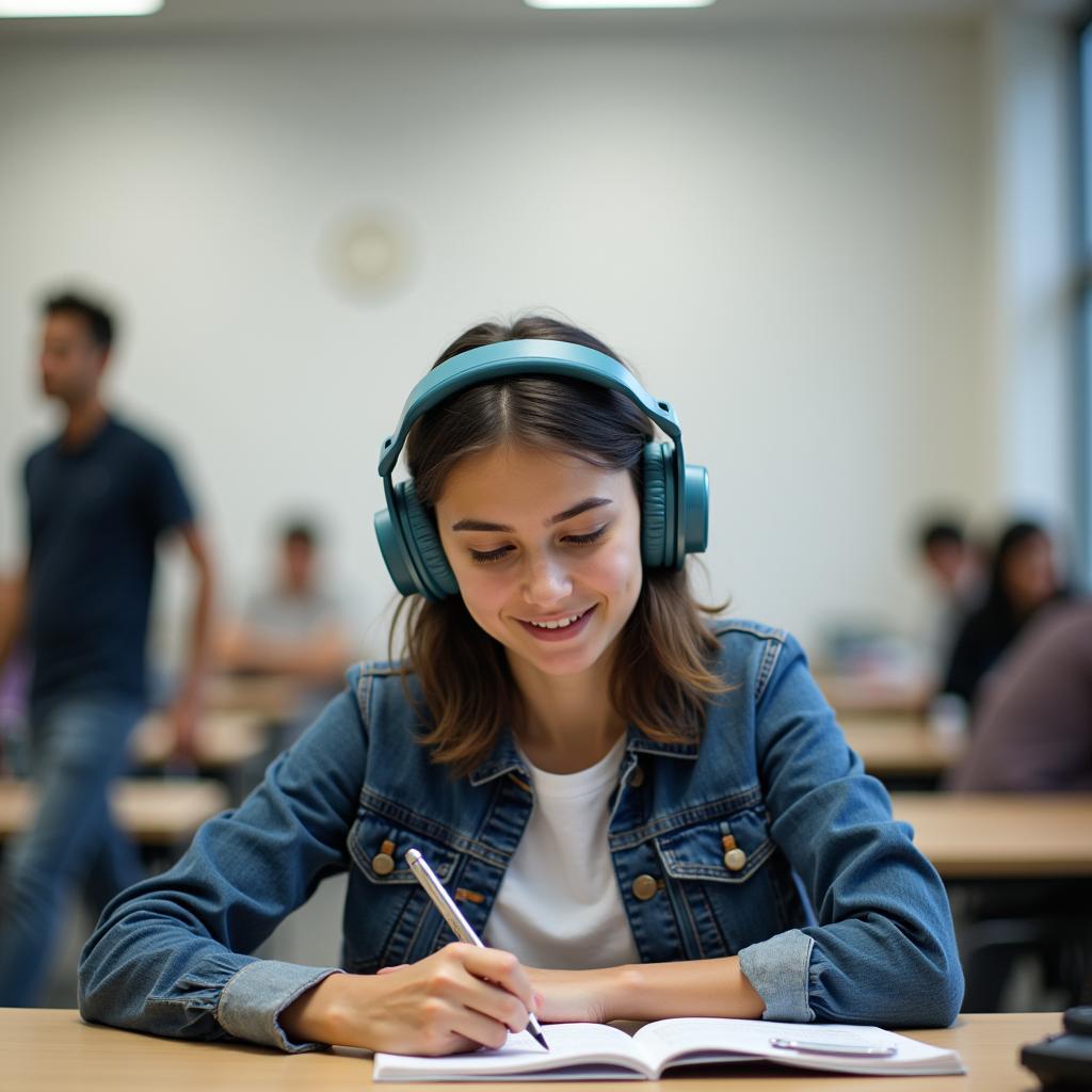 Student maintaining concentration while studying with various distractions around