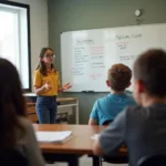 Student confidently presenting to classmates showing achievement