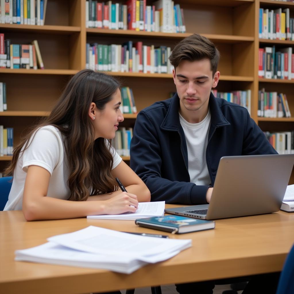 Student explaining complex subject to classmate in library