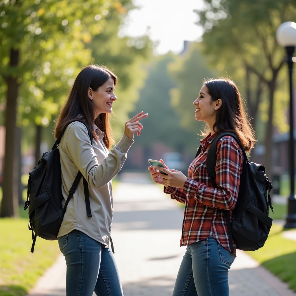 Senior student helping lost freshman find way