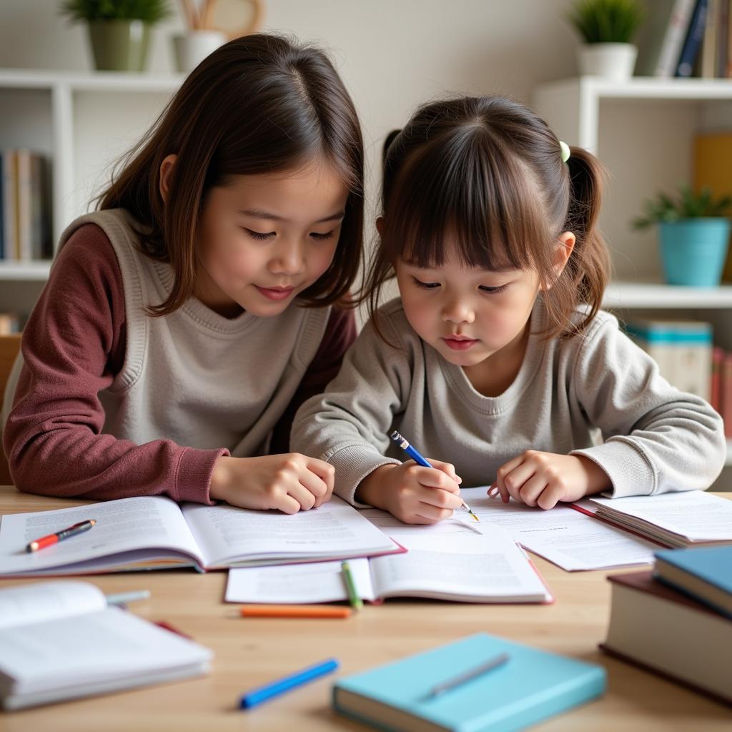Student helping sibling with academic studies showing dedication and sacrifice