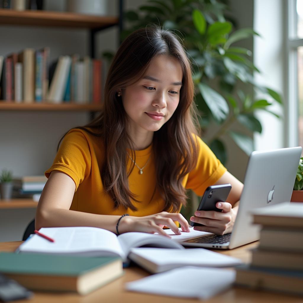 Student effectively managing multiple tasks while studying