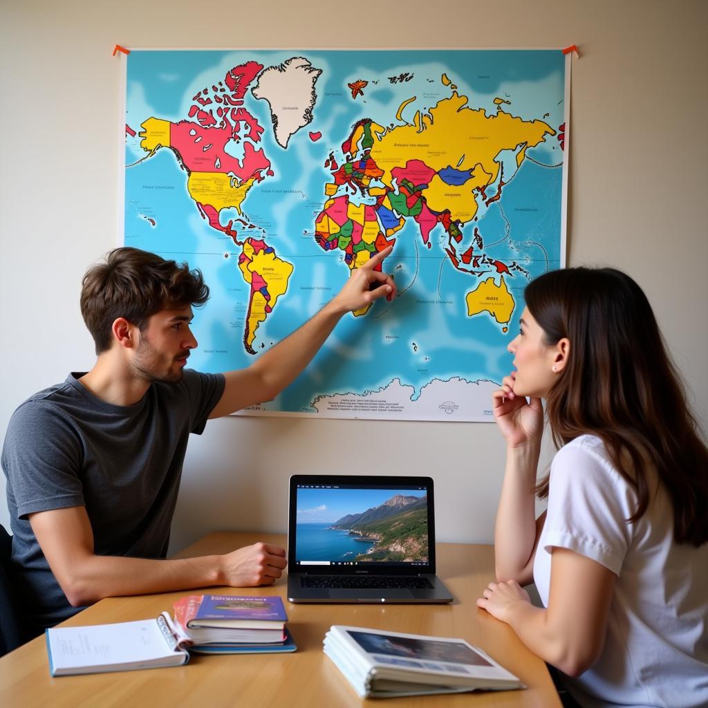 Student helping friend plan vacation using maps and devices