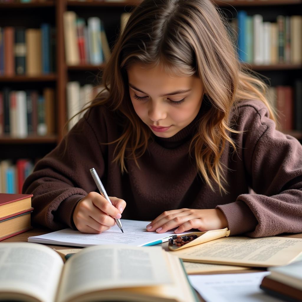 Student preparing notes for IELTS speaking task