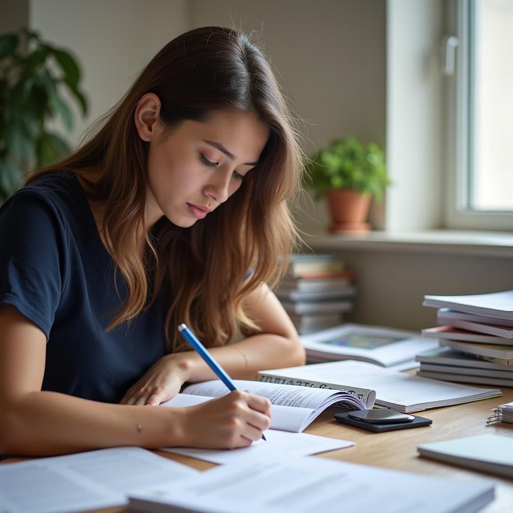 Student preparing notes for IELTS speaking test cue card