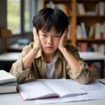 A student showing visible frustration while studying a challenging subject