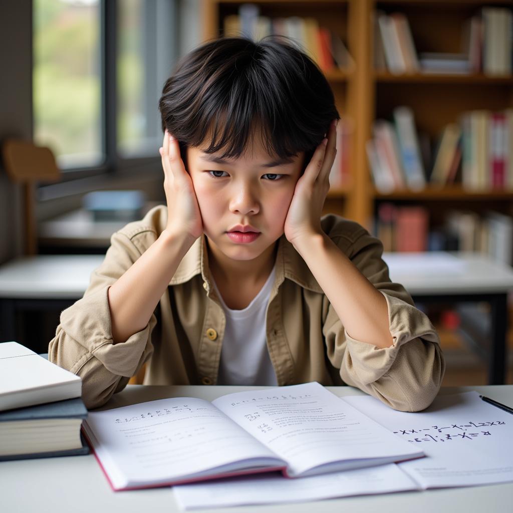 A student showing visible frustration while studying a challenging subject