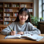 A student deeply engaged in studying at a university library