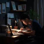 Student studying at desk during late night