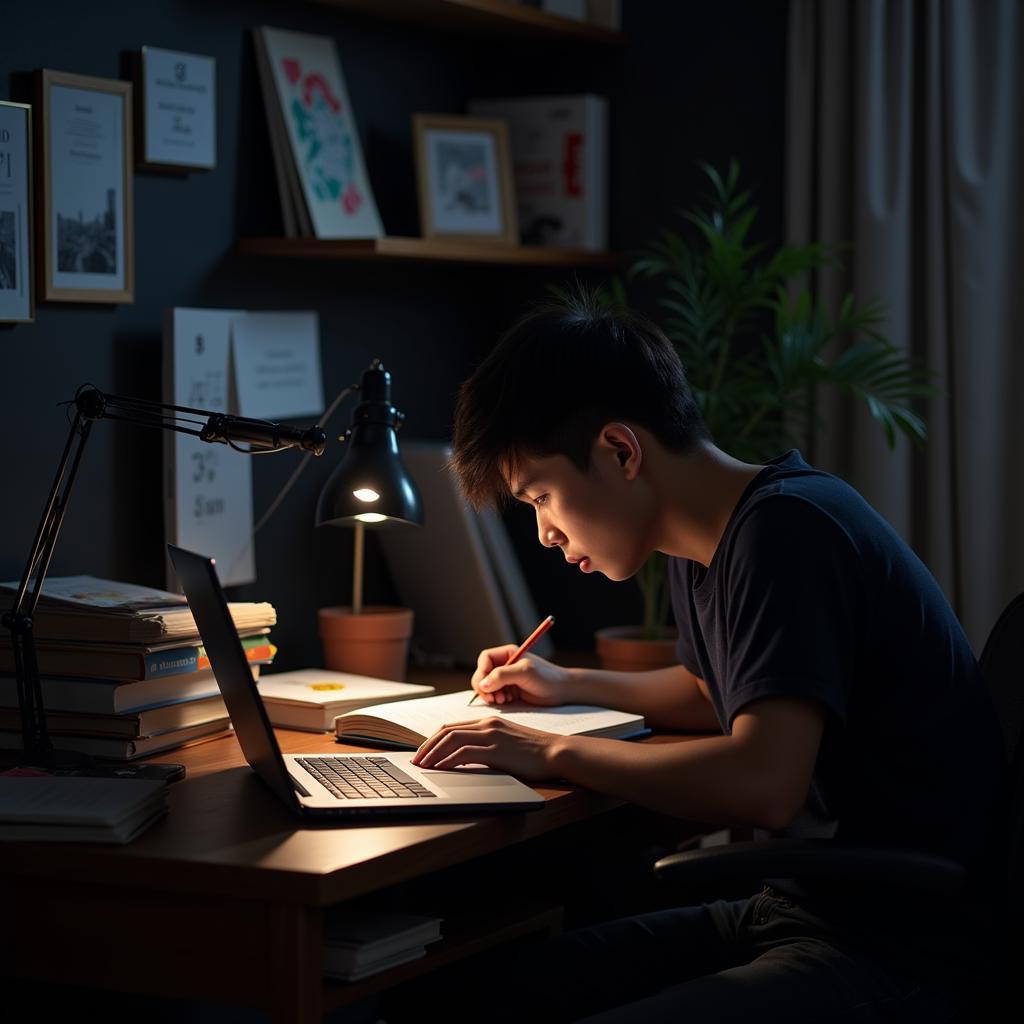 Student studying at desk during late night