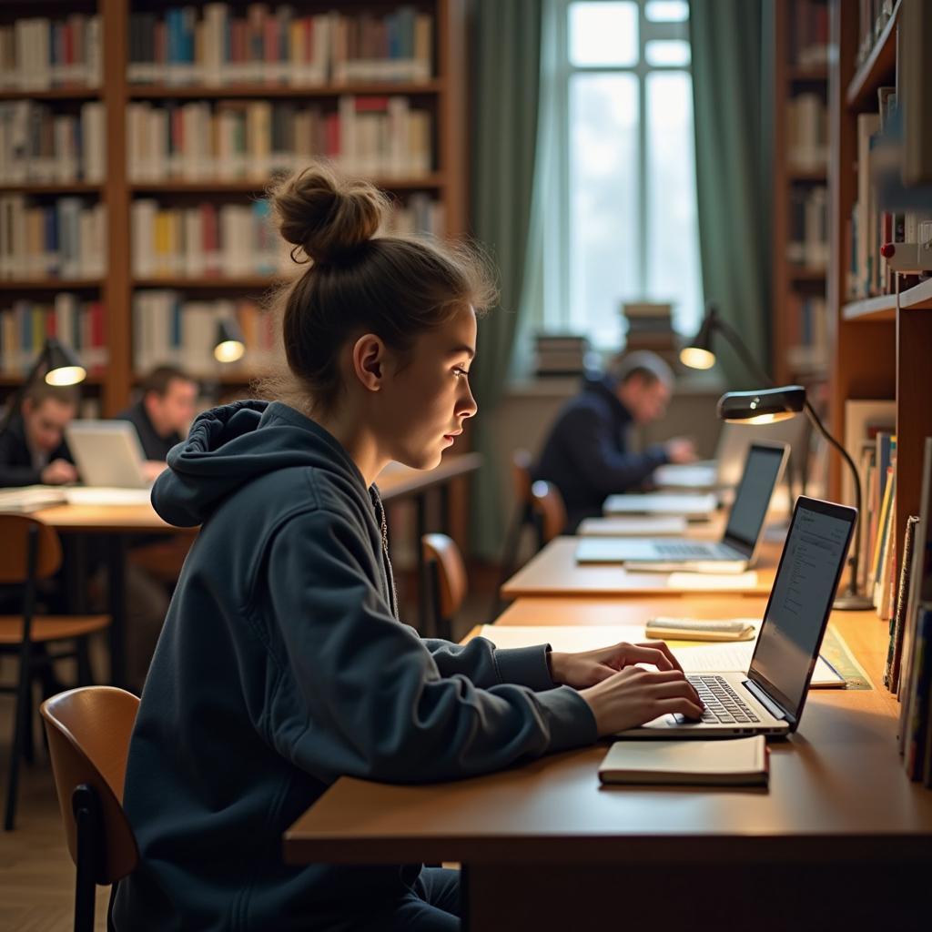 Student Focused on Studies in Modern Library Setting
