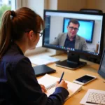 Student taking detailed notes during online course session