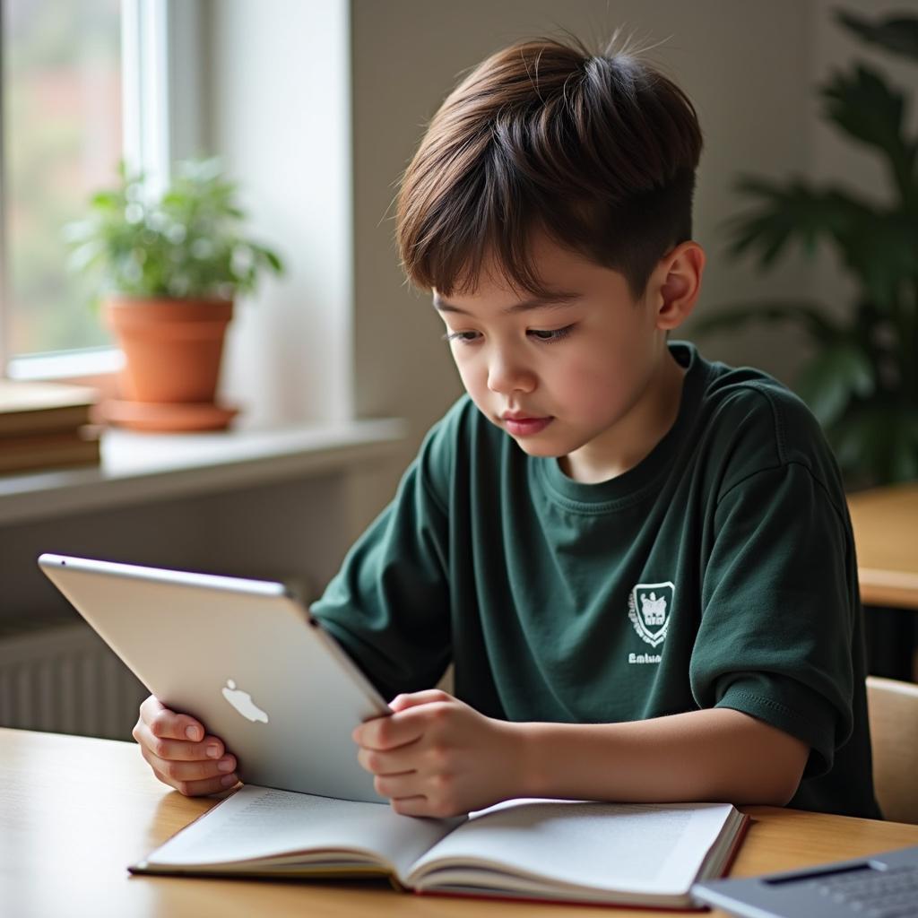 Student practicing writing skills using both digital device and traditional notebook