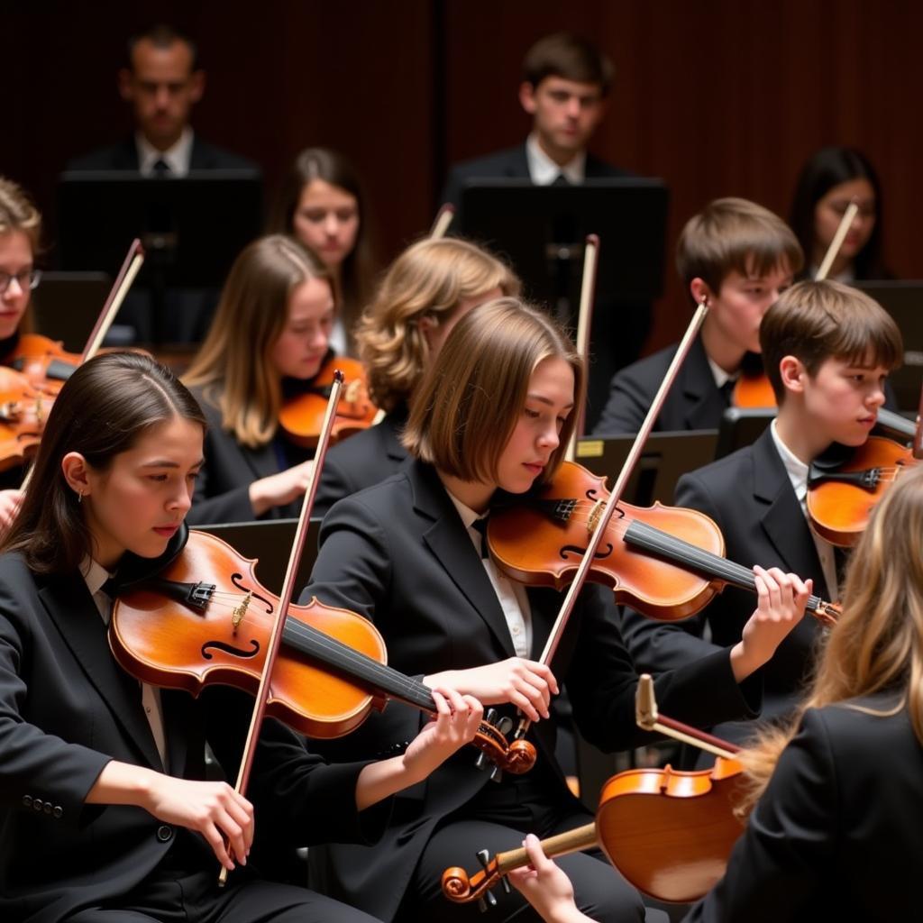 Student orchestra performing classical music in concert hall