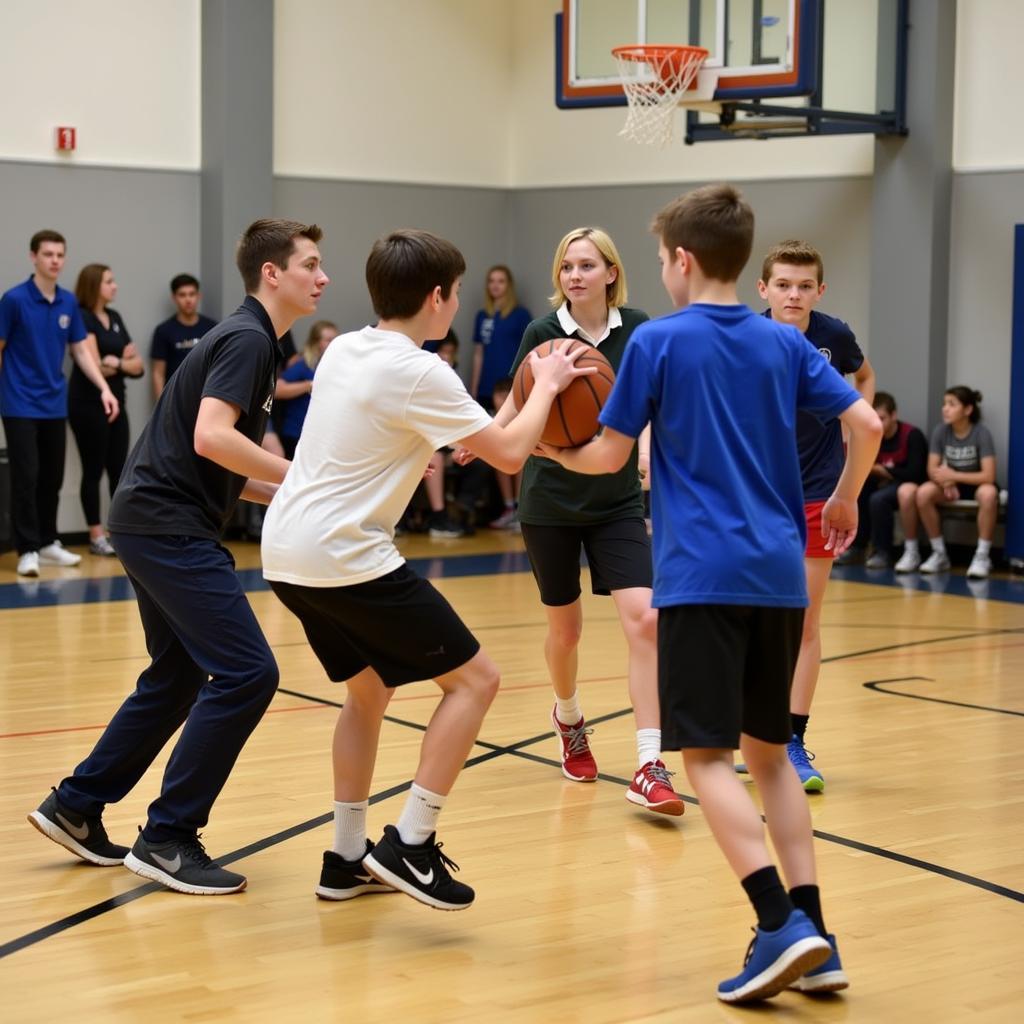 Students participating in team sports during physical education class