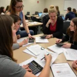 Students analyzing financial risks and calculating investment returns in classroom