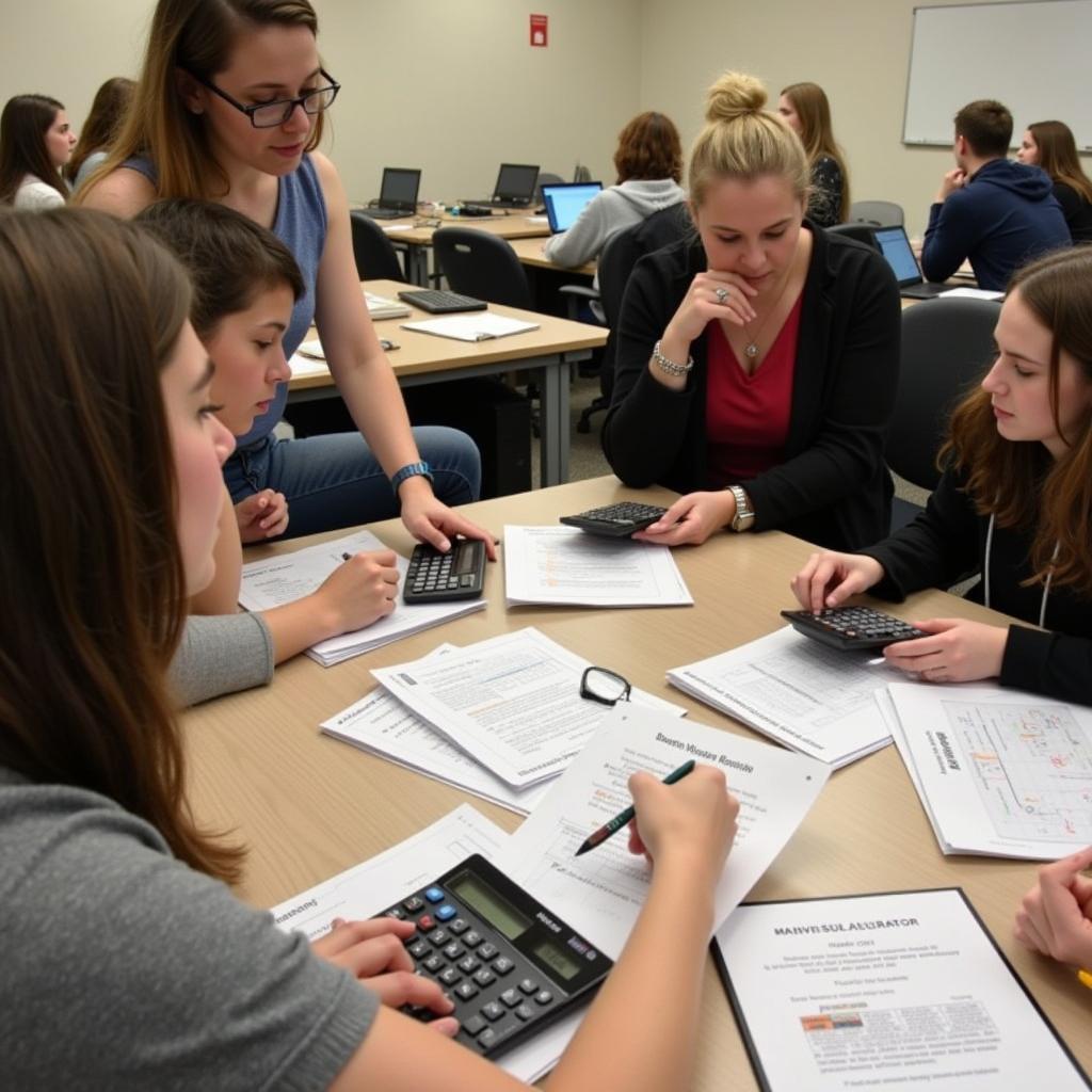 Students analyzing financial risks and calculating investment returns in classroom