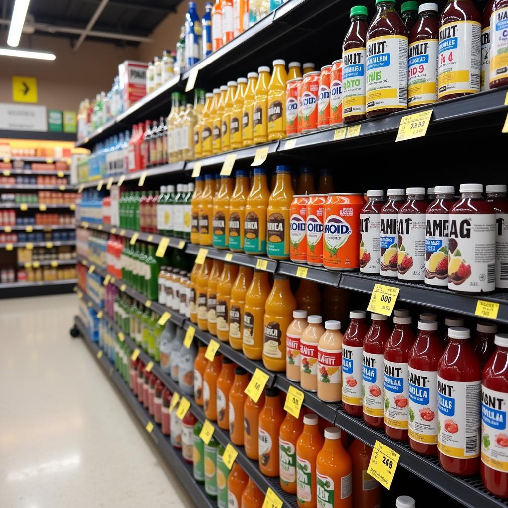 Consumer choosing between sugary and healthy drinks in supermarket