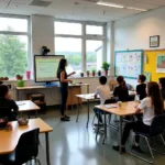 Students learning about environmental sustainability in modern classroom