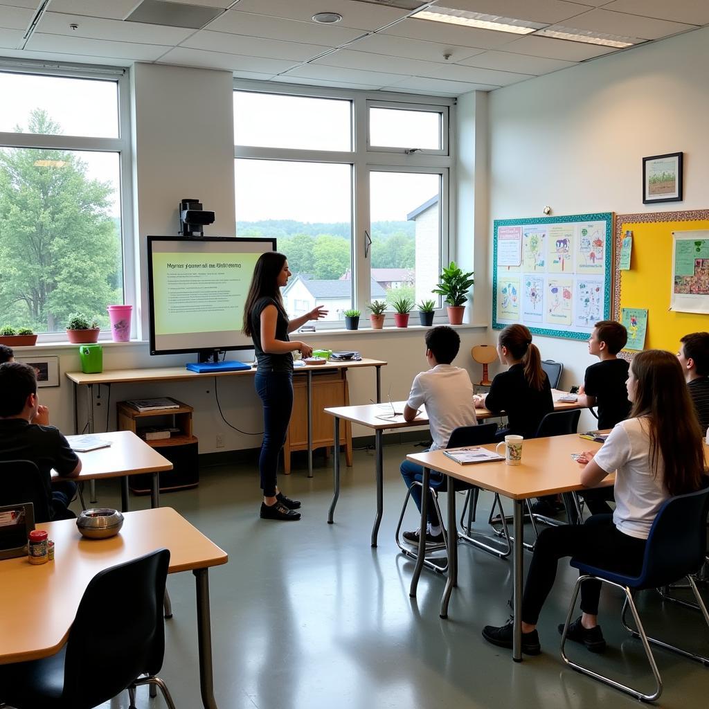 Students learning about environmental sustainability in modern classroom