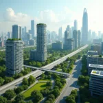 Sustainable urban development featuring green infrastructure and public transportation