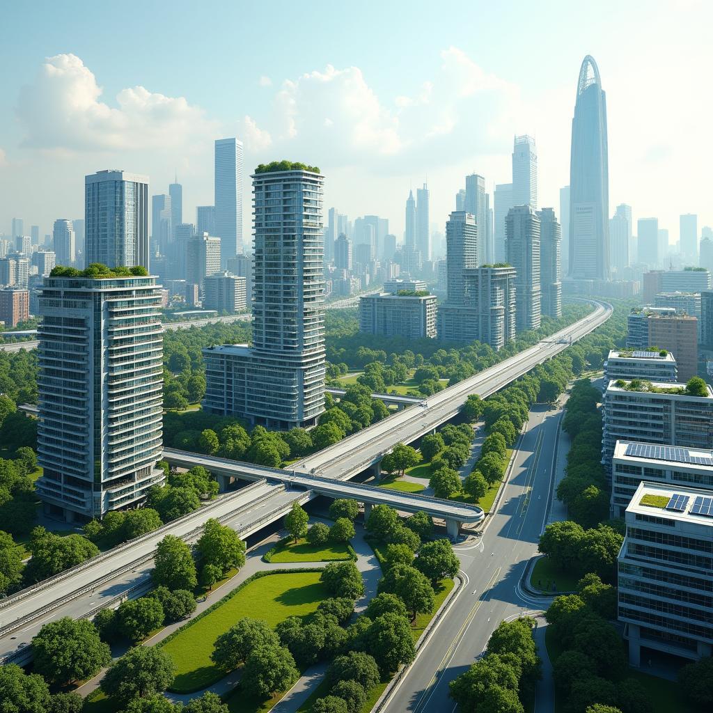 Sustainable urban development featuring green infrastructure and public transportation