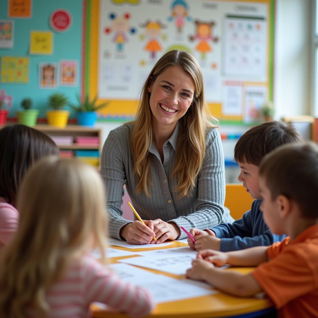 Elementary school teacher engaging with young students