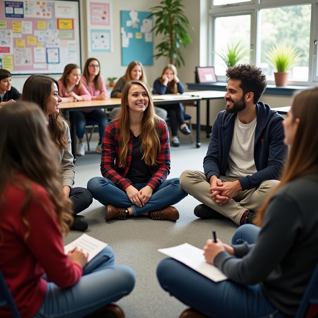 Students participating in empathy-building activities during class discussion