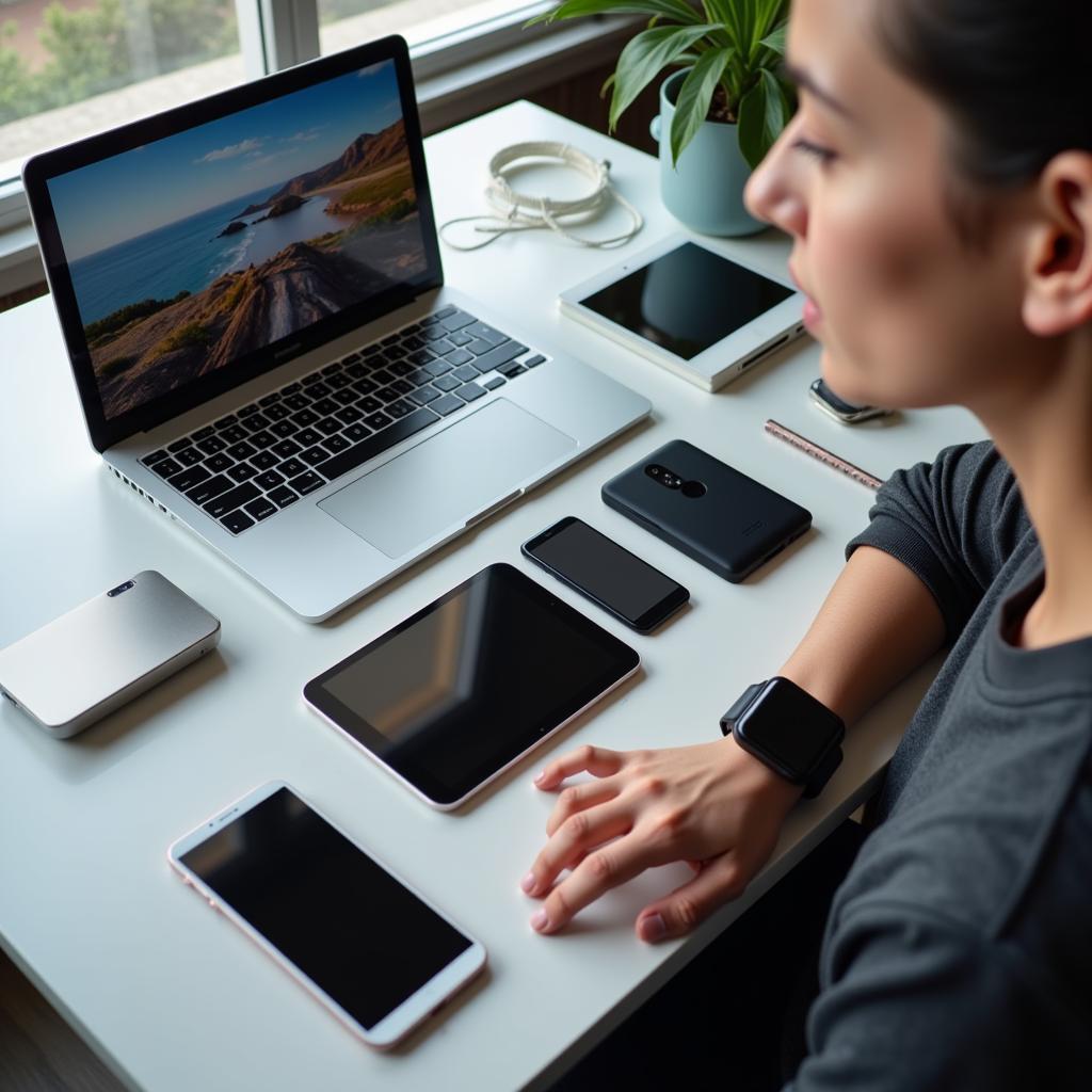 Person using multiple modern technological devices showing daily tech interaction