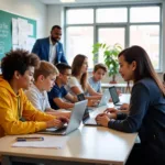 Modern classroom with students using digital devices for learning