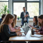 Students using computers and mobile devices in modern classroom setting