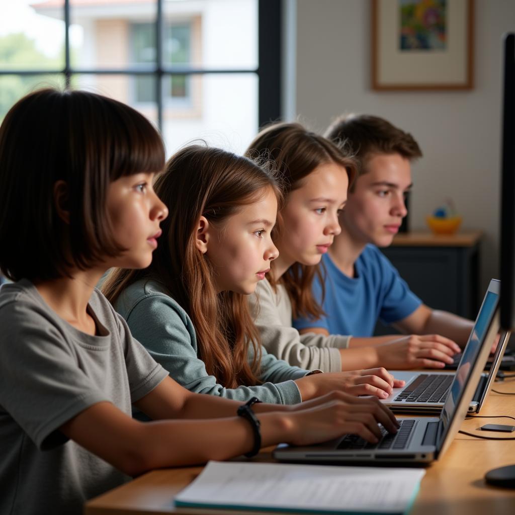 Teenagers engaging in collaborative online gaming with educational benefits
