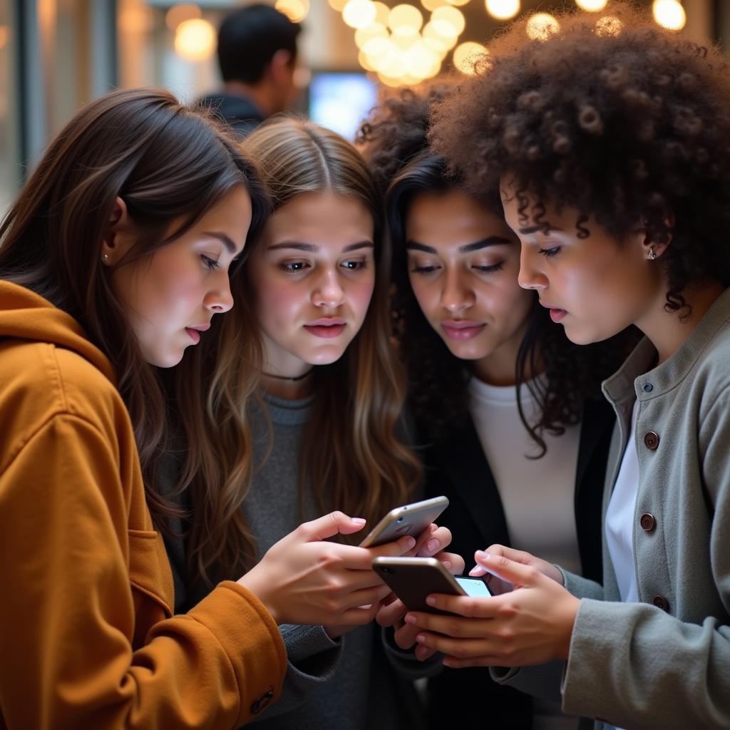 Teenagers critically analyzing social media advertisements