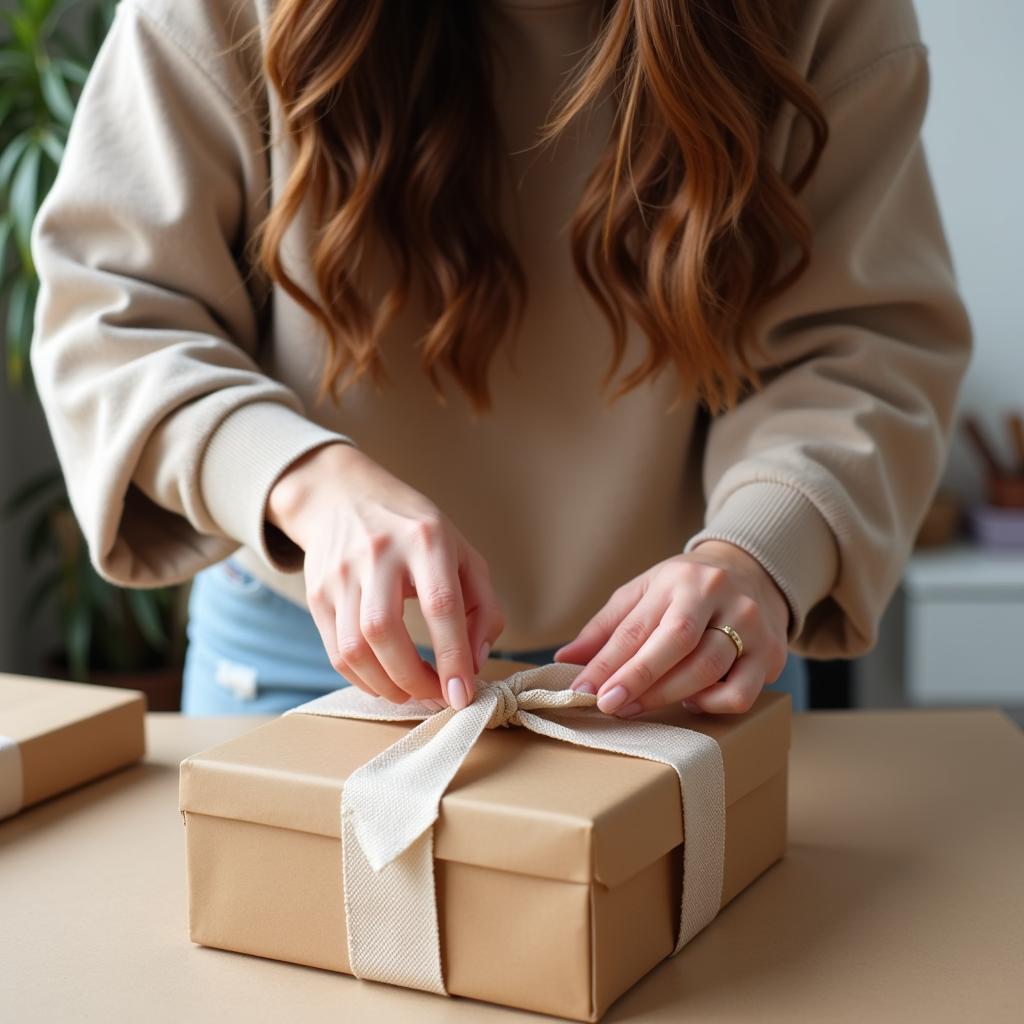A person carefully wrapping a beautifully chosen gift with elegant paper