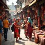 Tourist interacting with local vendor at traditional market
