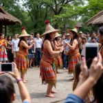 International tourists taking photos of traditional cultural performance