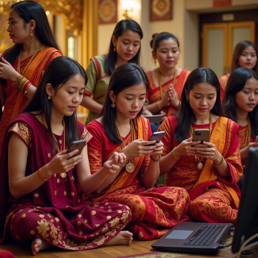 Traditional community members using modern technology while maintaining cultural practices