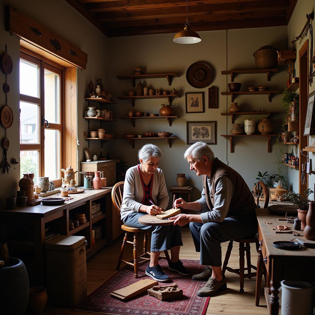 Traditional craftspeople teaching young community members ancient artistic techniques