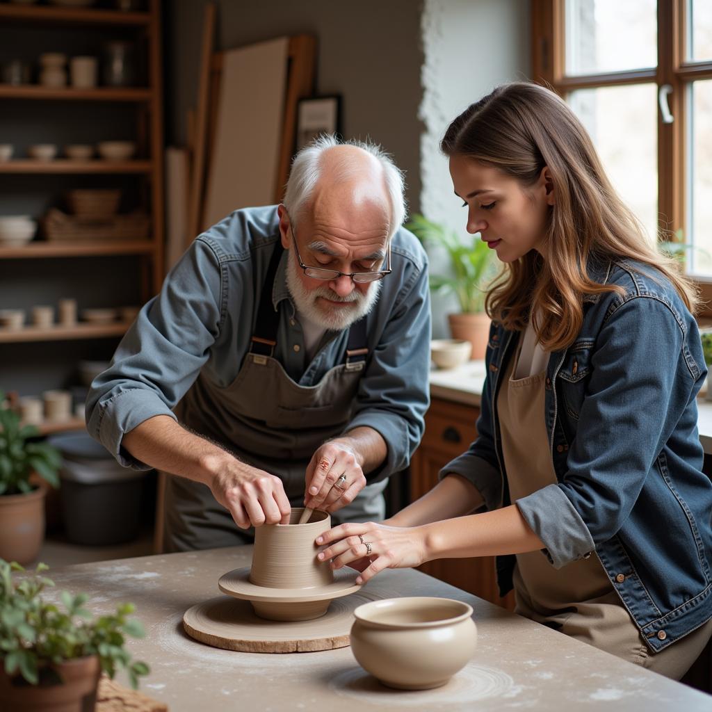 Traditional craftsman teaching young apprentice pottery making
