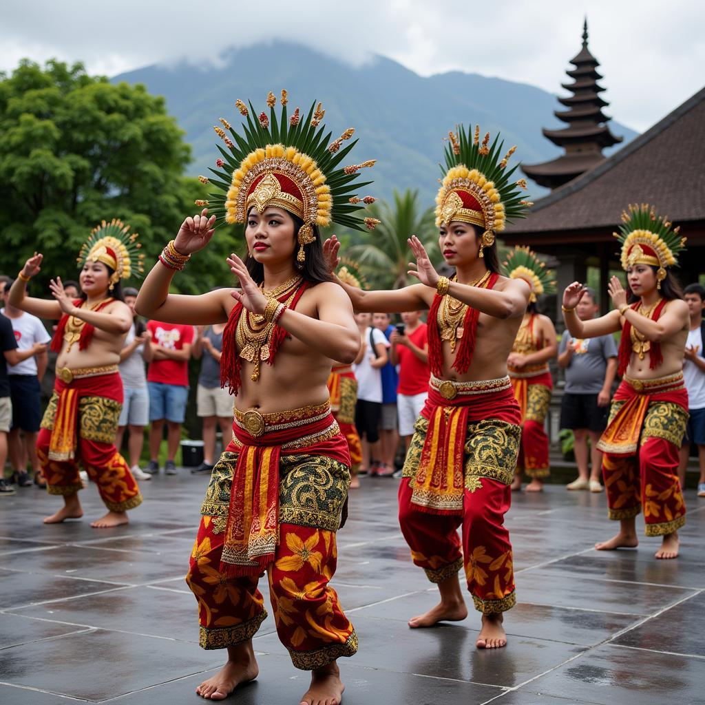 Traditional Balinese dancers performing authentic cultural dance for tourists