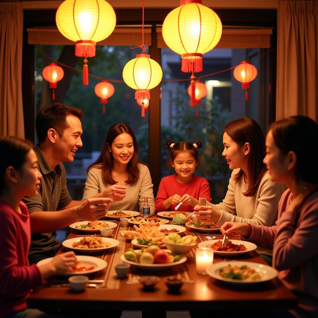 Family celebrating Mid-Autumn Festival with lanterns and mooncakes