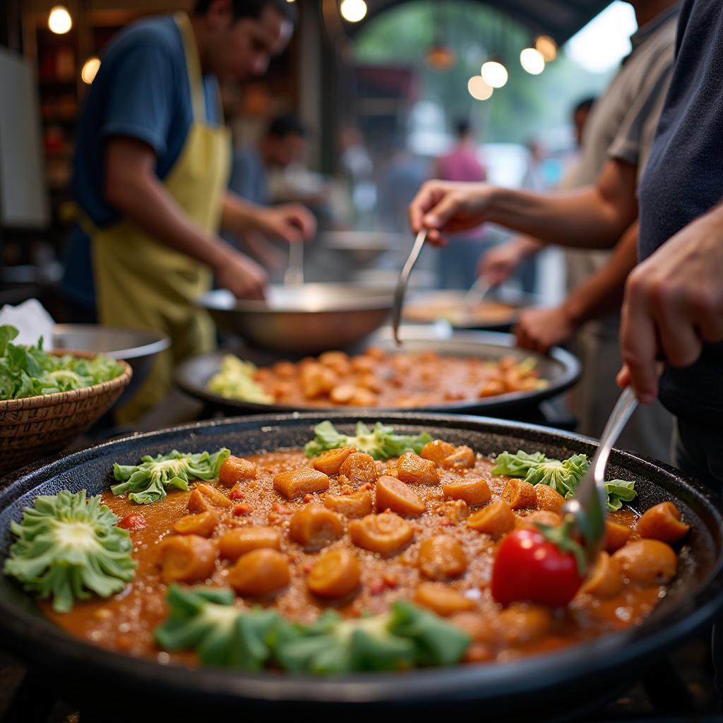 Local food vendors preparing traditional dishes with expertise