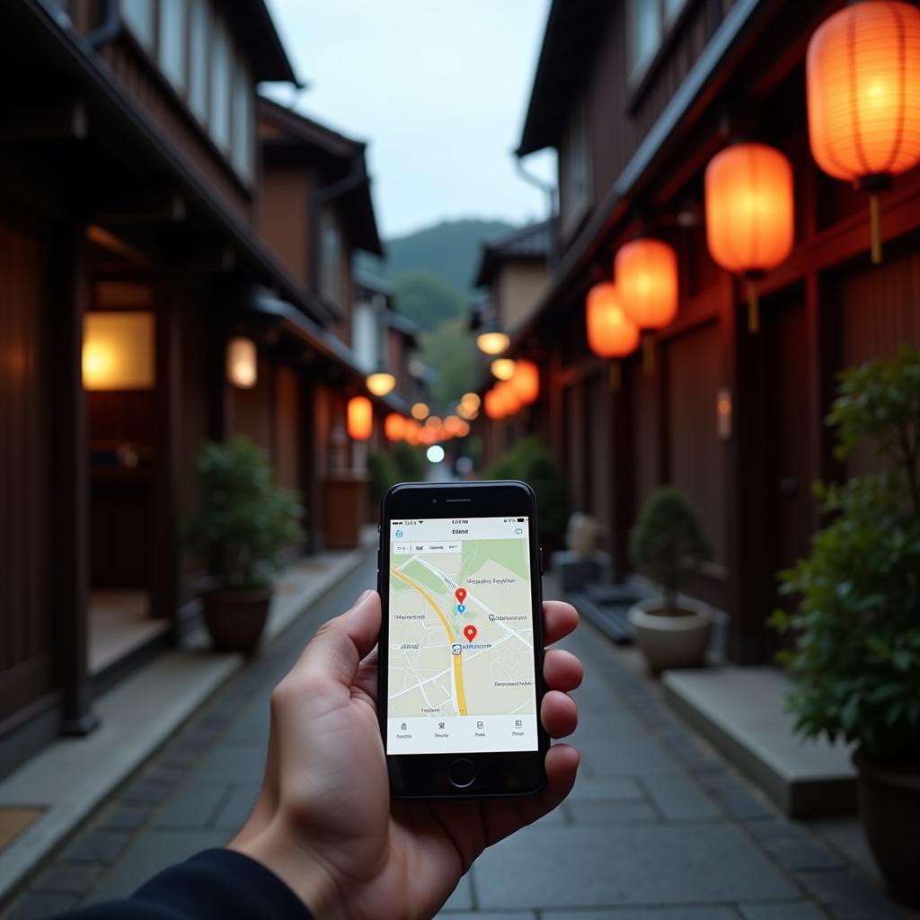 Tourist using navigation app in traditional Japanese street