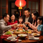 Vietnamese family celebrating traditional Lunar New Year festival